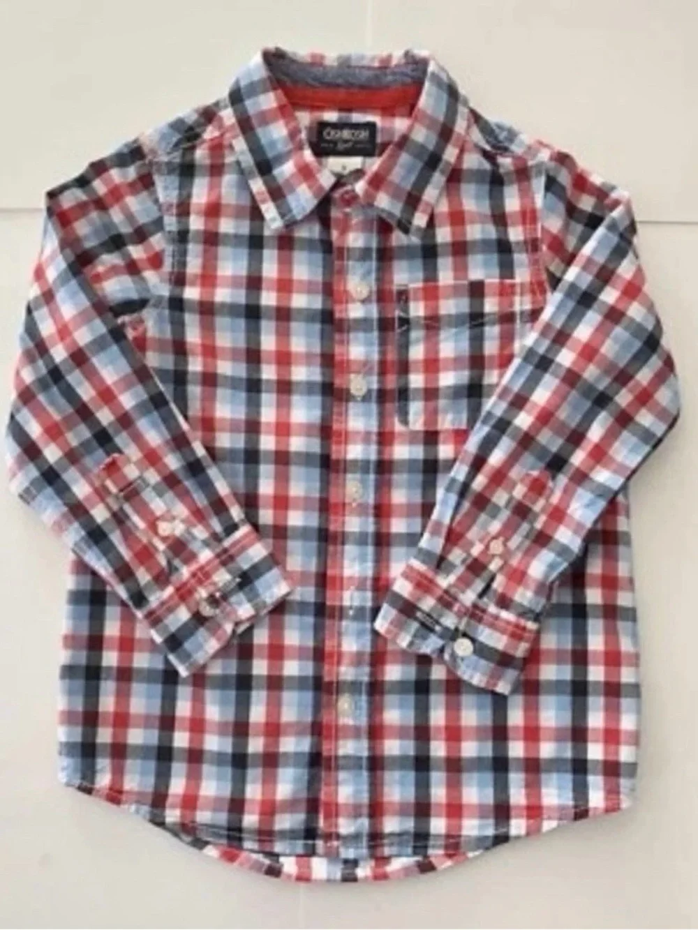 Oshkosh B'Gosh Boys Button Up Shirt Size 5 Long Sleeve Red White Blue Preppy